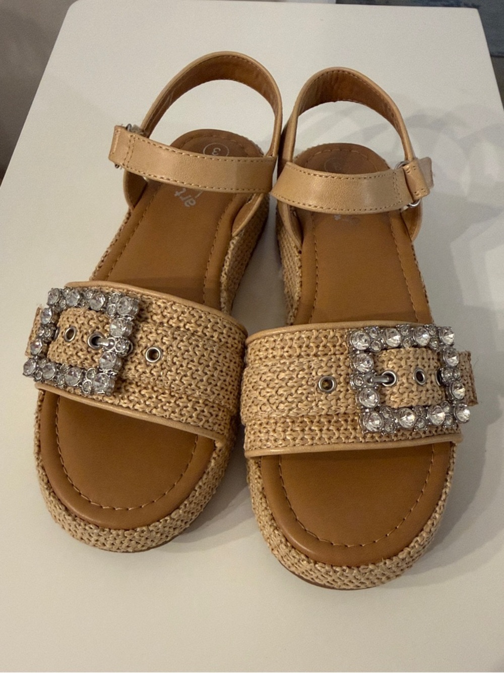 Cat & Jack Tan Woven Sandals with Crystal Buckles Girls